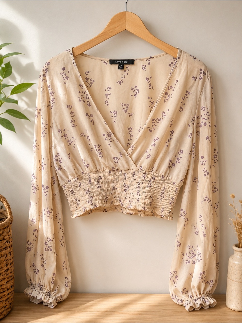 Love Tree Floral Smocked Crop Top Cream Lavender Medium